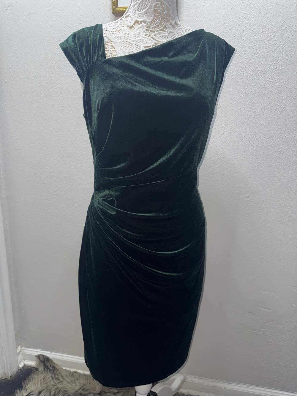 Lauren Ralph Lauren Dark Emerald Velvet Ruched Midi Dress